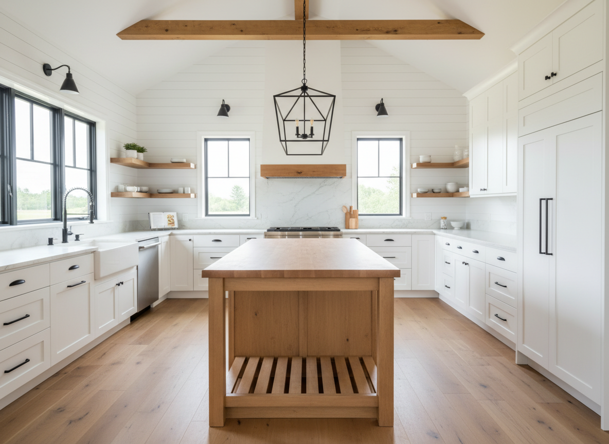 bright modern farmhouse kitchen with white shaker cabinets, warm wood accents, and black hardware