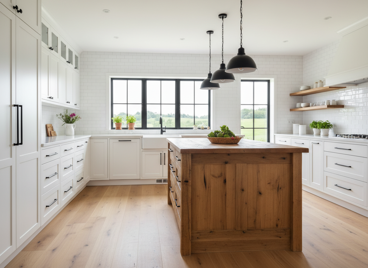 modern farmhouse kitchen cabinets with white shaker doors, warm wood island, and black pulls