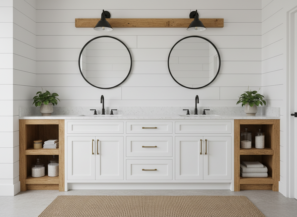 modern farmhouse bathroom vanity with white shaker cabinets, warm wood accents, and black faucets