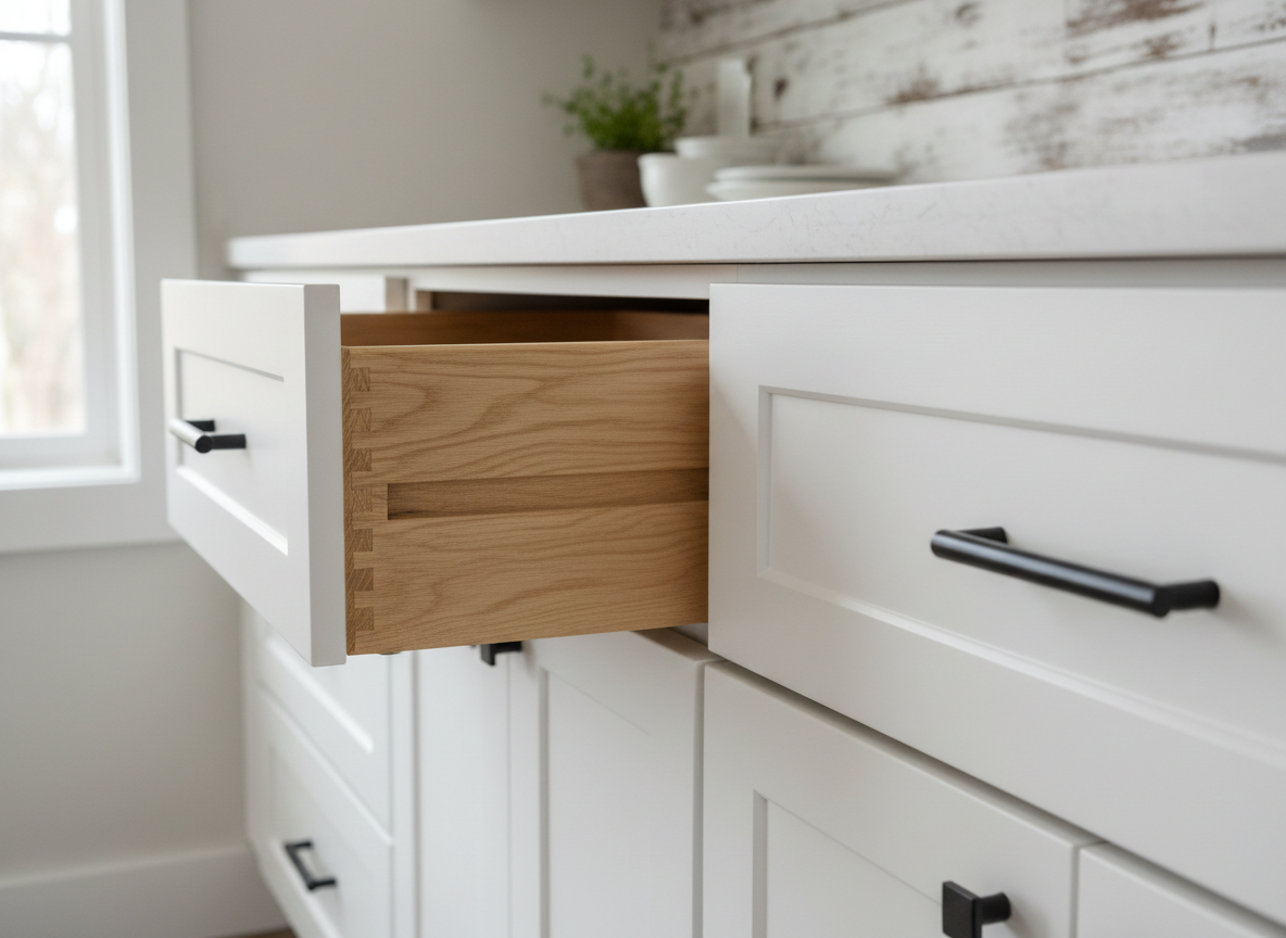 close-up of modern farmhouse cabinetry details with shaker doors, dovetail drawers, and black hardware